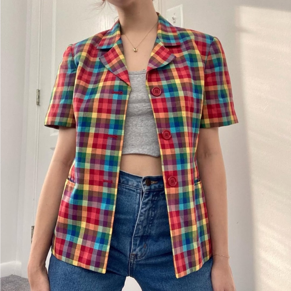 JOAN LESLIE Vintage Retro Colorful Plaid Women's Blazer Jacket Fully Lined Sz 16